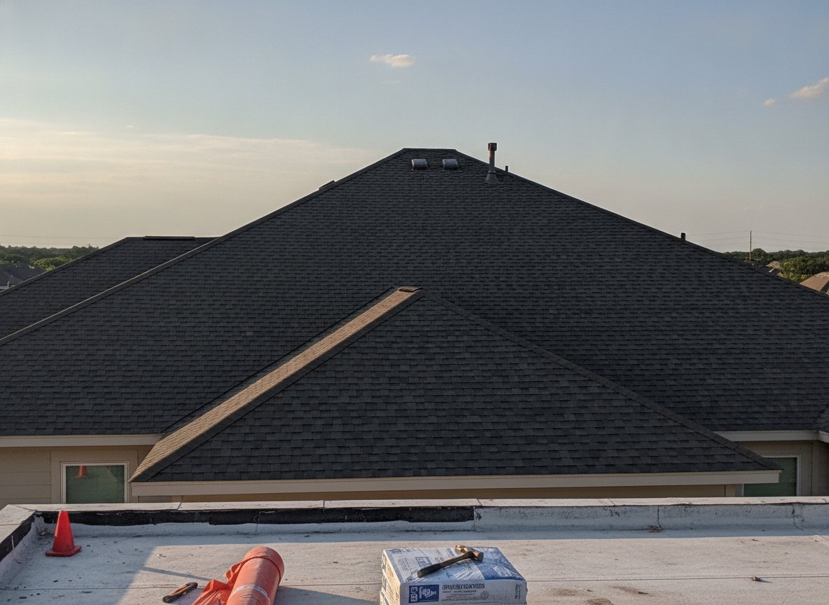 A freshly completed pitched roof plane on a multi-unit residential building, ridge cap and valley lines clean, photographed from an adjacent roof in raking afternoon light.