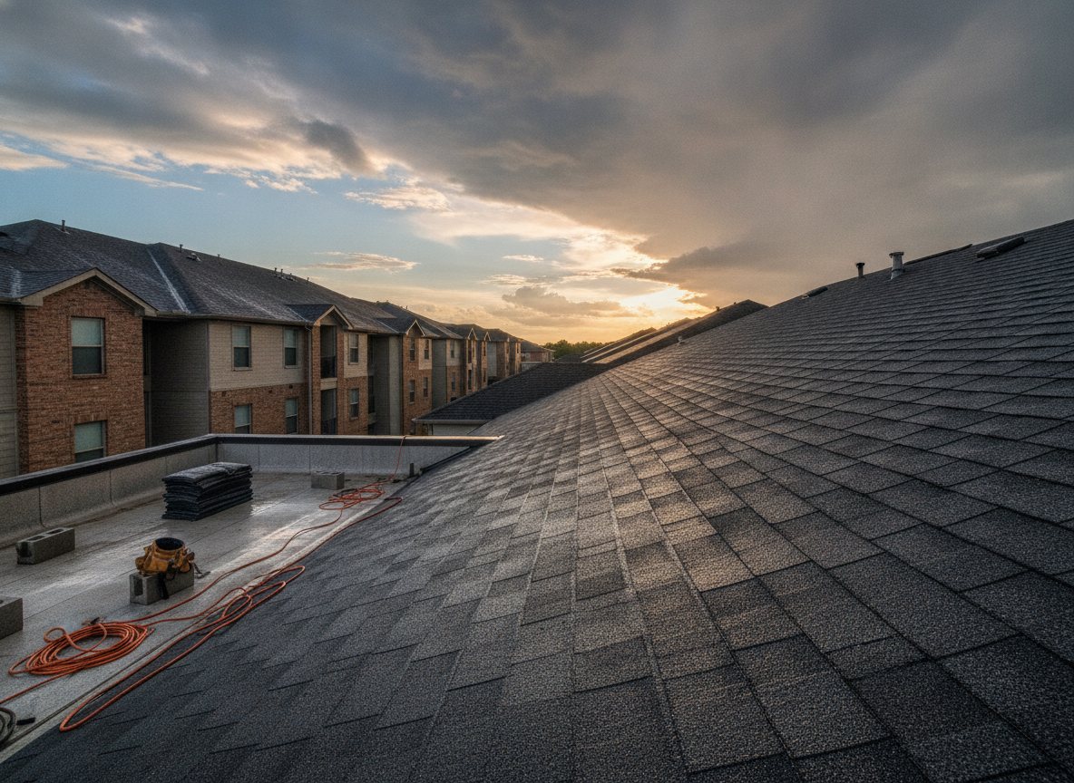 A Texas storm sky breaking apart over a low apartment rooftop line, wet shingle still holding the last light.