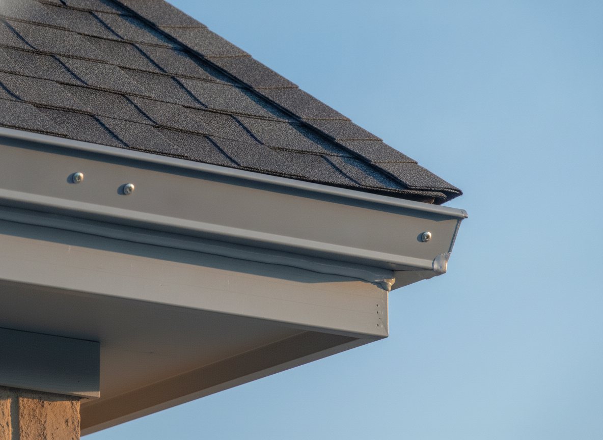 A close view of metal flashing and gutter seam work along a roof edge, fasteners and sealant line visible.